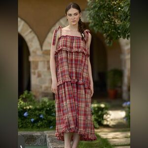 894. Plaid bow tie tiered mid dress in red